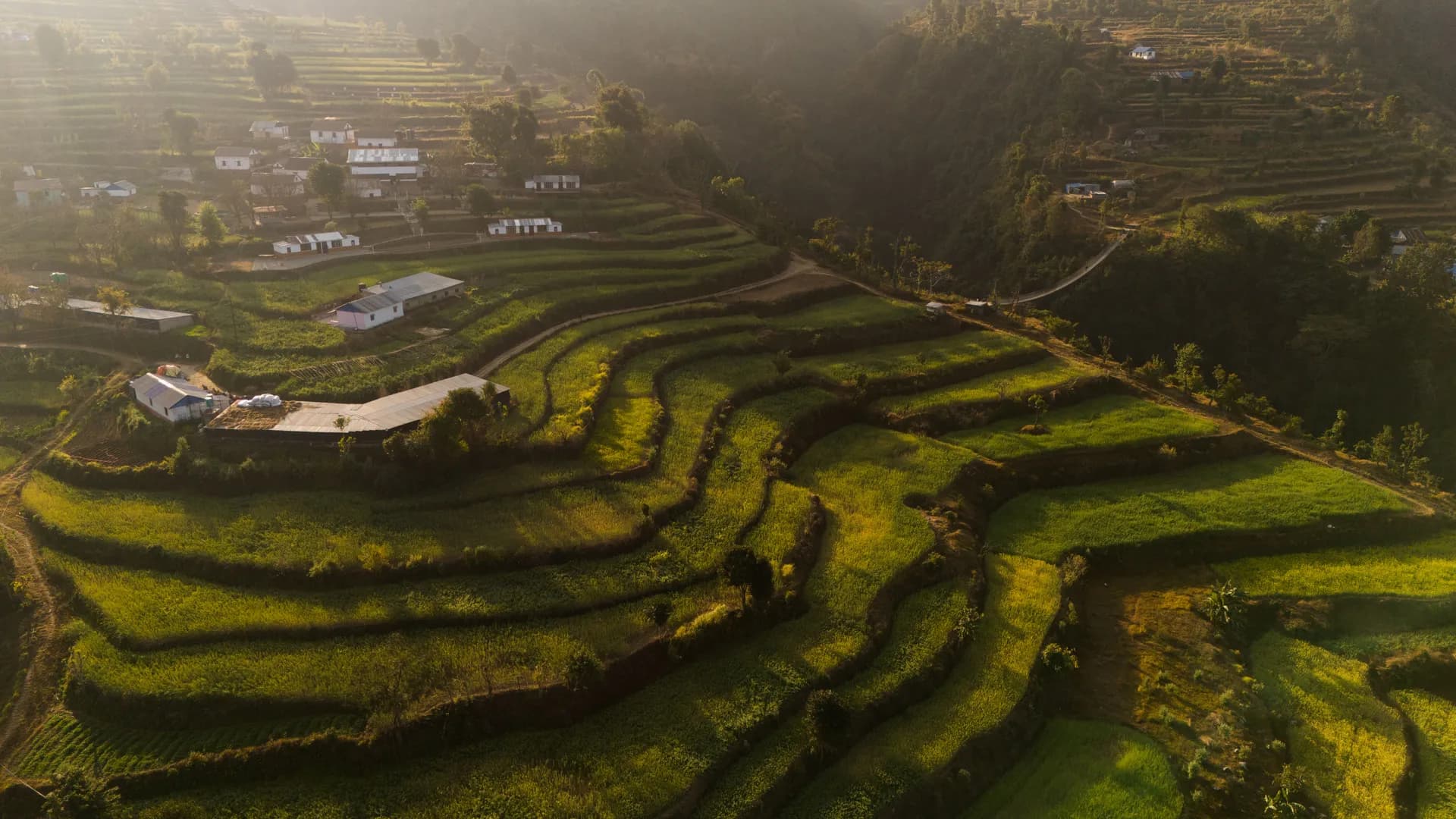 Aerial view of terraced hills and forest around Suping